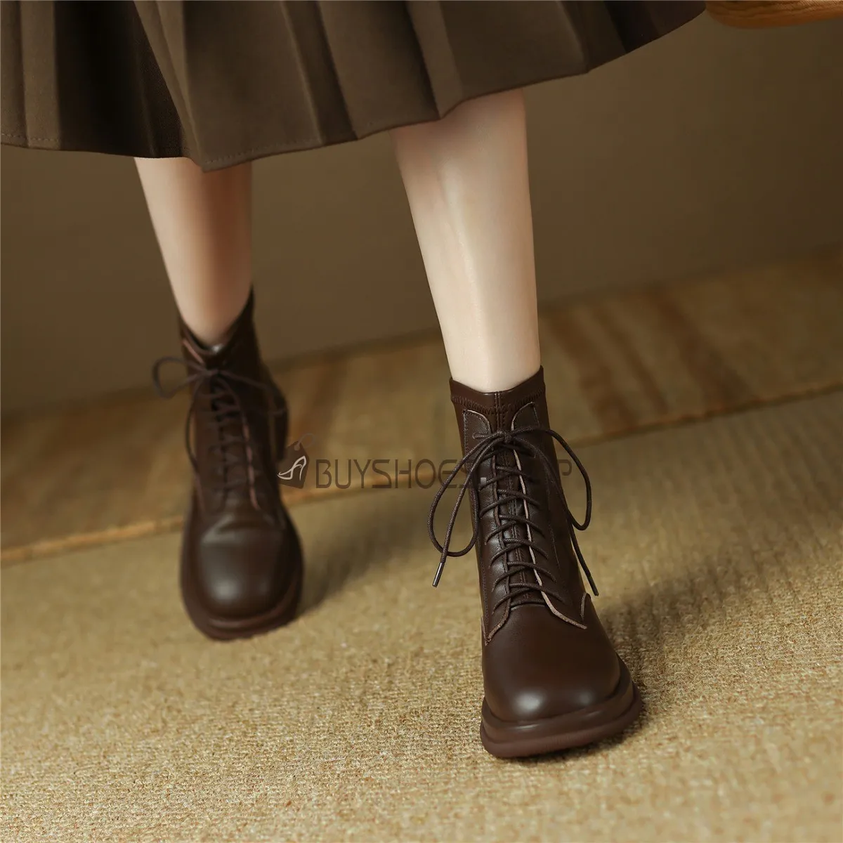 Bout Rond Confortables Classique Rétro Fermeture Éclair Fourrées Bottines Martin Plate Lacets Cuir