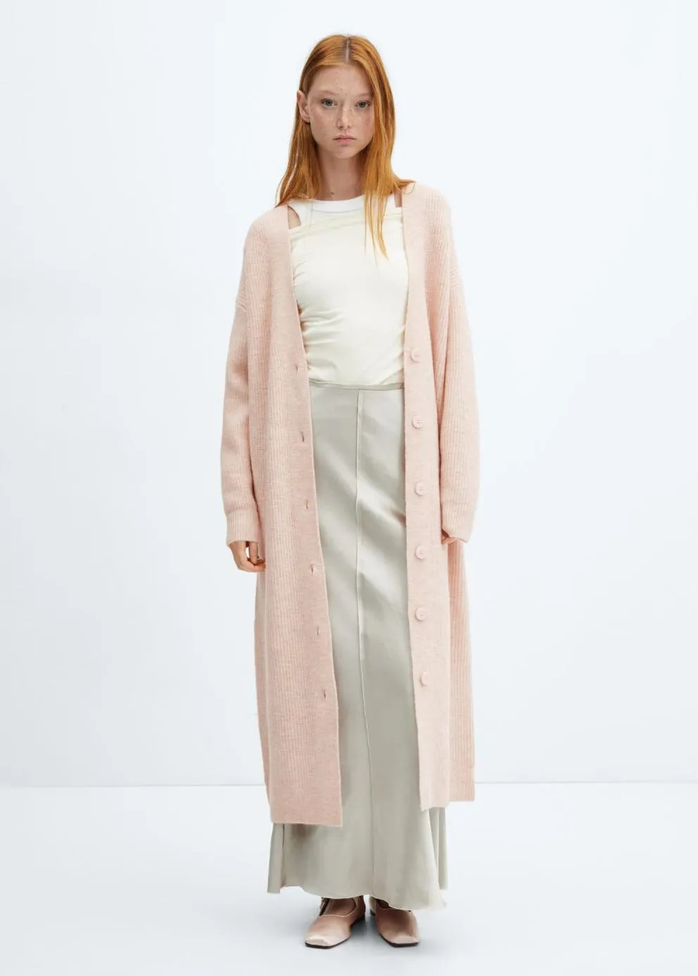 Pulls Et Cardigans | Femme MANGO Cardigan Long à Boutons Rose Pastel