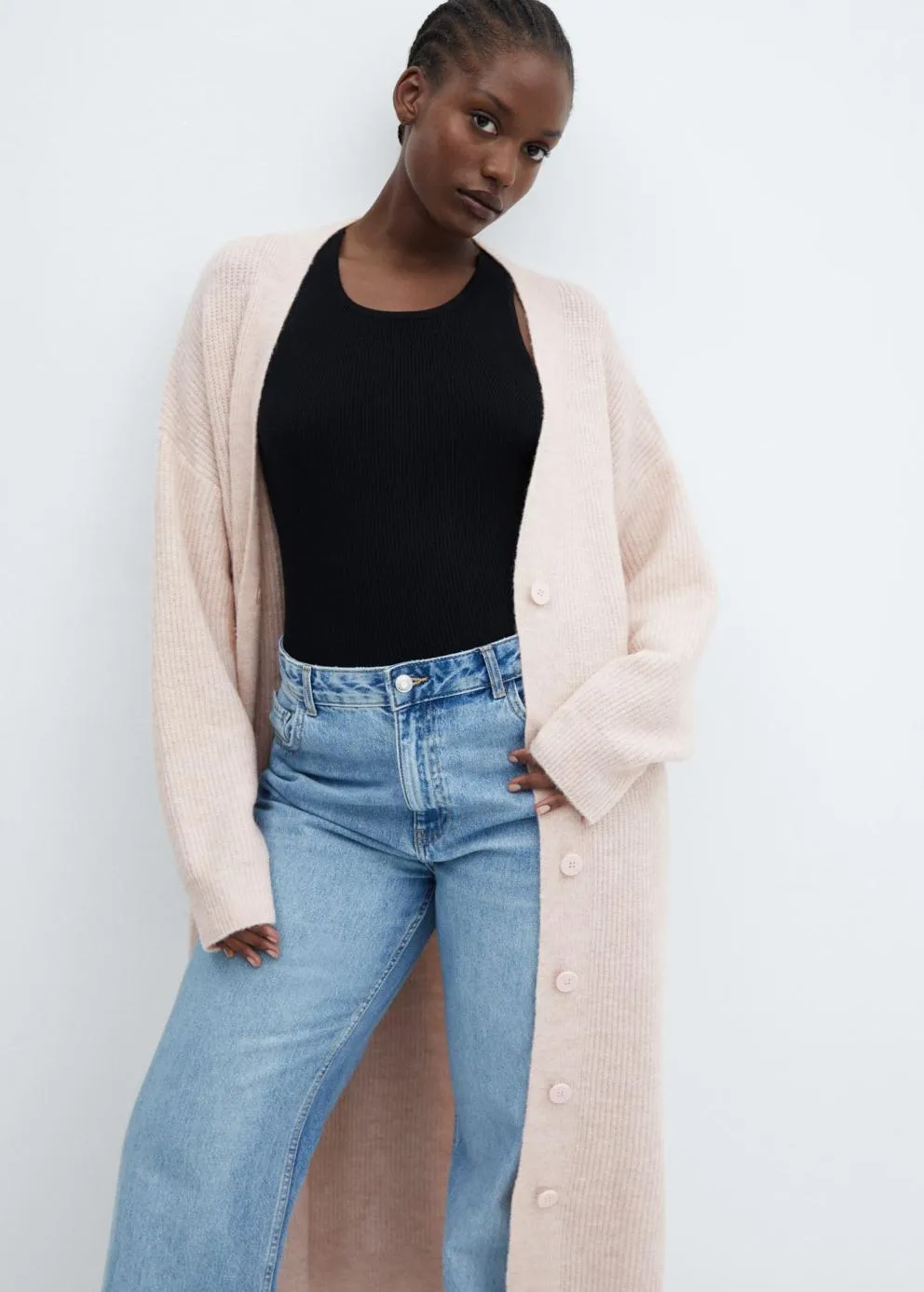 Pulls Et Cardigans | Femme MANGO Cardigan Long à Boutons Rose Pastel