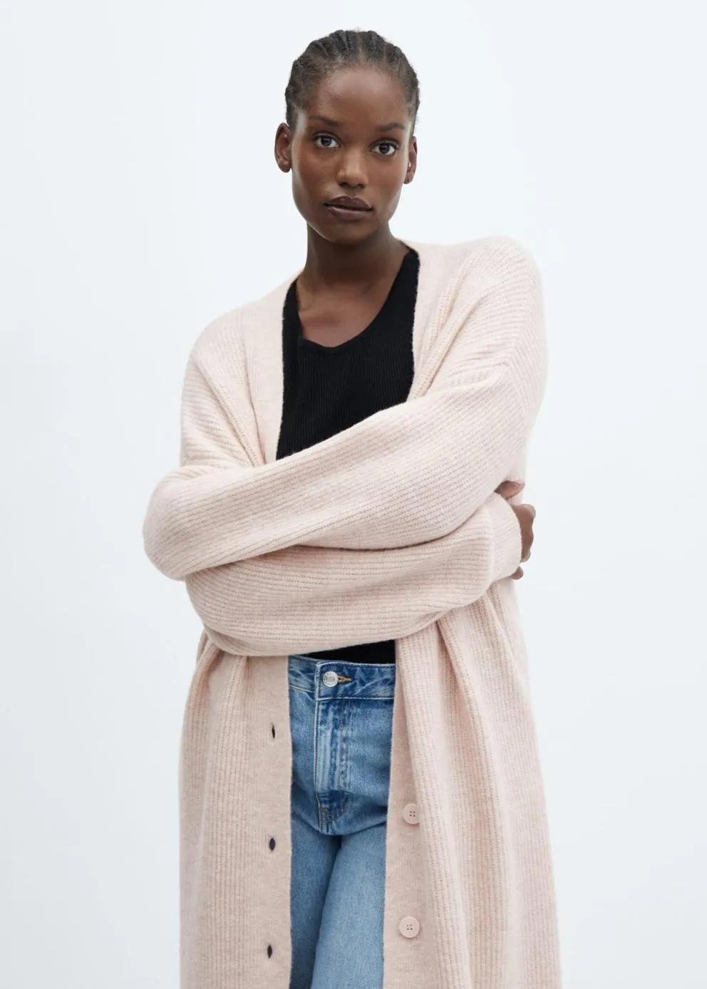 Pulls Et Cardigans | Femme MANGO Cardigan Long à Boutons Rose Pastel