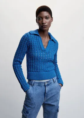 Pulls Et Cardigans | Femme MANGO Pull-over Maille Ajourée Col Polo Bleu