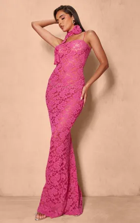 Robe longue en dentelle rose vif à détail bonnets