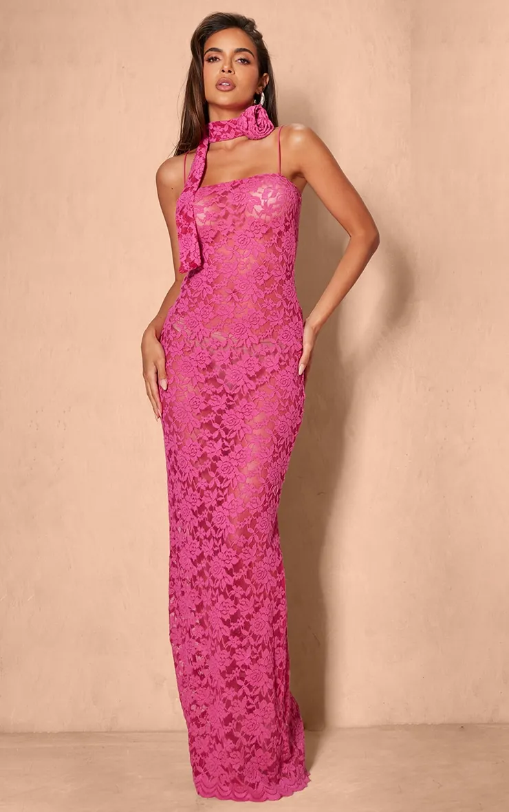 Robe longue en dentelle rose vif à détail bonnets