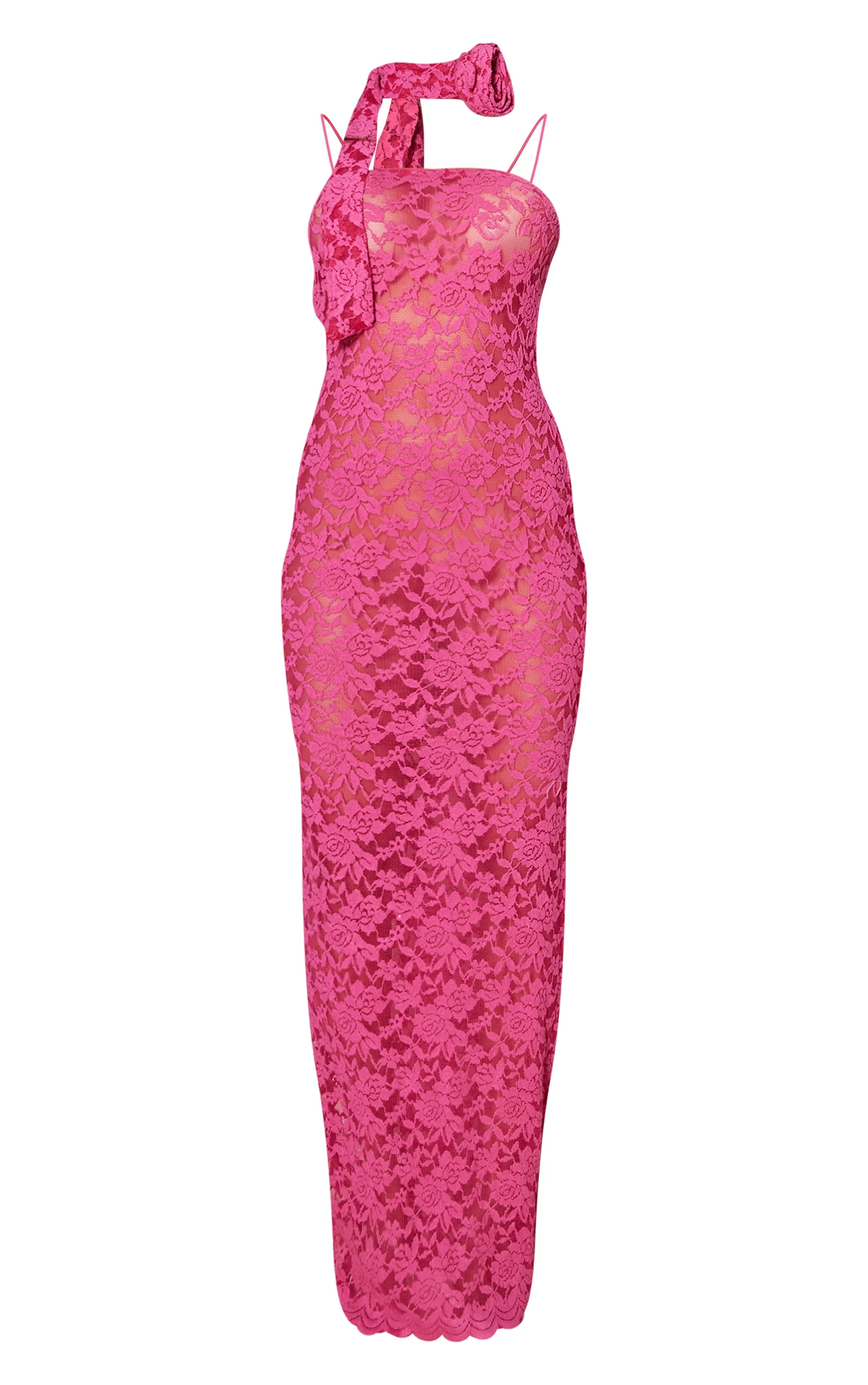 Robe longue en dentelle rose vif à détail bonnets