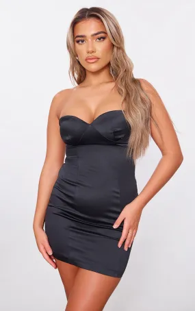 Robe moulante bustier noire satinée à détail bonnets